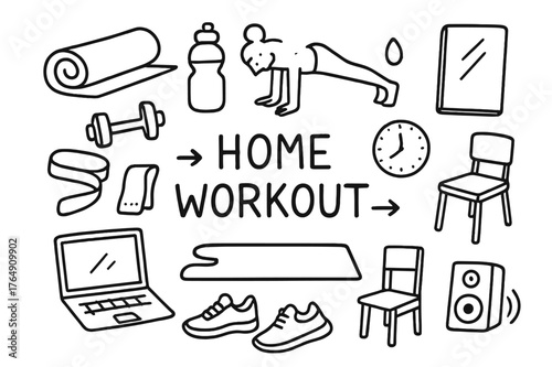 Home Workout Doodle. Home workout. Hand-drawn doodle illustration home workout yoga mat, water bottle, dumbbells, push-up pose, resistance band, chair, laptop,