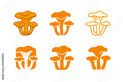 Chanterelle Logo Variations. Mushroom foraging. Set Logo of Mushroom foraging: chanterelle cluster. harmonious logo variations of the same emblematic concept,