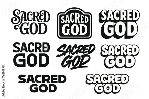 Diverse Lettering Styles. Sacred God. Set lettering. harmonious lettering variations of the same emblematic concept (Whimsical curly type with flourishes,