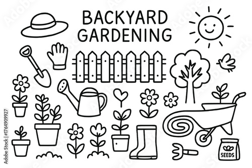 Garden Tools Doodle. Backyard gardening. Hand-drawn doodle illustration backyard gardening fence, potted plants, watering can, spade, wheelbarrow, gloves, hat,