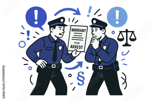 Arrest Warrant Teamwork. Warrant for arrest. Law enforcement officer showing warrant to colleague with abstract floating exclamation marks, arrows, and legal