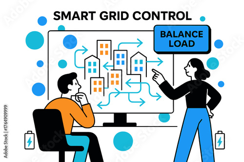 Smart Grid Balance. Smart Grid Control. Operators watch simplified city blocks glow as power flows animate in arrows; ?Balance Load? pulses on a floating tile.