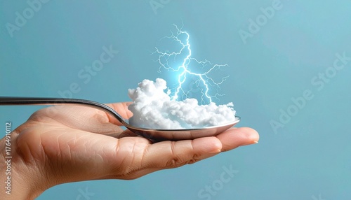 A silver spoon holding a miniature lightning storm captured in a swirling vortex, against a flat matte background