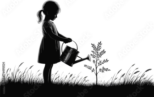 Silhouette of young girl watering small plant with watering can, child nurturing nature, environmental care, growth, sustainability, childhood innocence, ecology