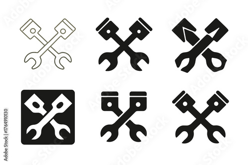 Engine Mechanic Logos. Car mechanics working on engines. Set Logo of workshop service: wrench crossed with piston. Icon set. harmonious logo variations of the