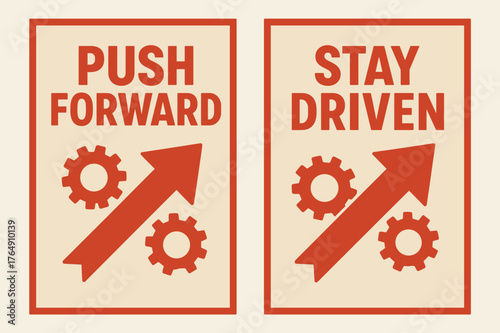 Motivational Banners Design. Push forward. Two vertical A6 banners with safe margins, centered composition, no elements touching edges, flat vector design, red