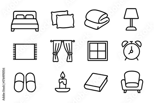 Bedroom Comfort Icons. Bedroom Comfort. Line icon set of Bedroom Comfort: bed, pillows, blanket, bedside lamp, rug, curtain, window, alarm clock, slippers,