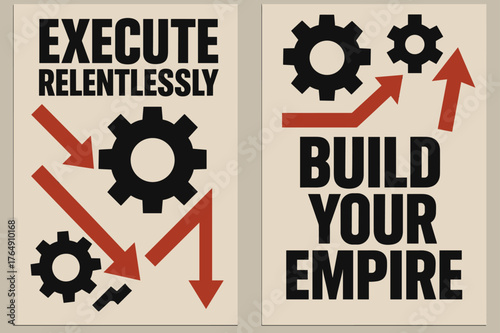 Brutalist Banner Design. Execute relentlessly. Two vertical A6 banners with safe margins, centered composition, no elements touching edges, brutalist, black