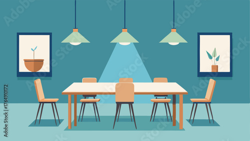 A dining area with a long wooden table surrounded by lightcolored chairs and a pendant lamp overhead.