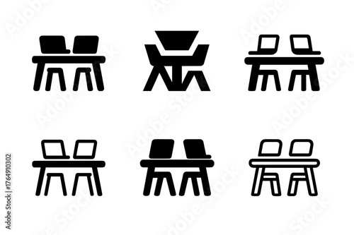 Coworking Hub Logos. Hybrid workspaces. Set Logo of coworking hub: shared table with laptops. Icon set. harmonious logo variations of the same emblematic