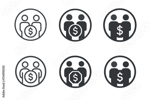 Family Budget Logos. Setting limits on family spending. Set Logo of Setting limits on family spending: parental figures holding dollar sign within circle. Icon