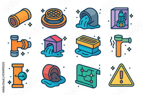 Sewage System Icons. Sewage. Colorful isometric vector icons set of Sewage: sewer pipe, manhole cover, wastewater flow, lift station pump, combined sewer,