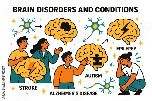 Brain Conditions Diagram. Brain disorders and conditions. Illustration of different brain conditions with labeled areas and abstract floating neural icons,