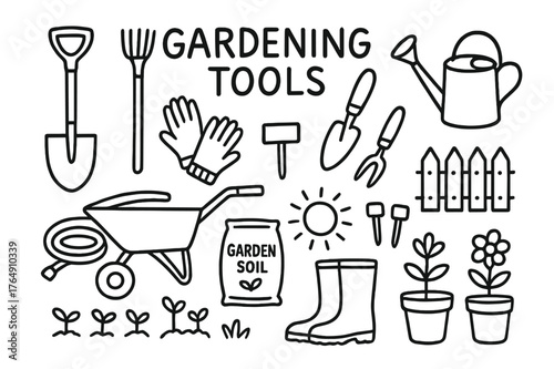 Gardening Tools Doodles. Gardening Tools. Hand-drawn doodle illustration Gardening Tools shovel, rake, trowel, watering can, gloves, wheelbarrow, hose, garden
