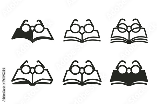 Books and Reading Logos. Books and Reading. Set Logo of Books and Reading: reading glasses resting on an open novel. harmonious logo variations of the same