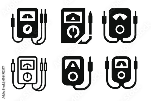 Diagnostic Emblem Variations. Electricians working with wiring and systems. Set Logo of diagnostics: digital multimeter with probes. Icon set. harmonious logo
