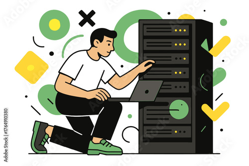 Tech Magic Unleashed. Server Rack. IT technician working on a server rack with floating abstract geometric shapes and glowing accents, focused and high-tech