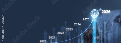 2025 to 2026 business financial plan market concept, performance of profit growth on 2026, education trend up finance on growth graph money revenue, Businessman analyzes profitability of working