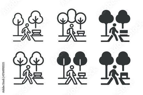 Urban Sustainability Logos. Urban sustainability. Set Logo of Urban sustainability: pedestrian boulevard with trees and bench. Icon set. harmonious logo