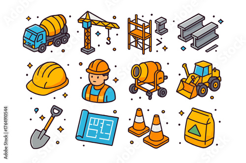 Colorful Construction Icons. Building site. Colorful isometric vector icons set of building site: cement truck, crane, scaffolding, steel beams, hard hat,