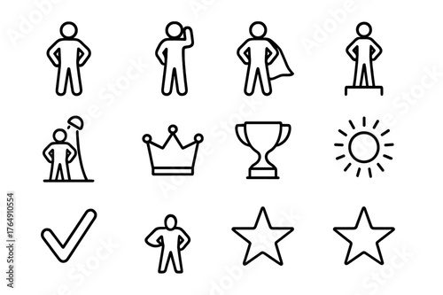Power Stance Icons. Power stance. Line icon set of power stance: person standing tall, arms on hips, raised fist, confident stance, superhero silhouette,