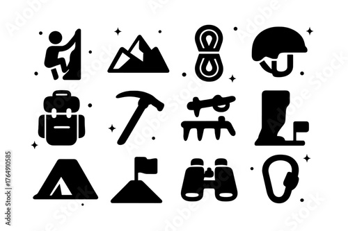 Outdoor Adventure Icons. Outdoor Adventure. Solid icons set of Outdoor Adventure: climber, mountain, rope, helmet, backpack, ice axe, crampons, cliff, tent,