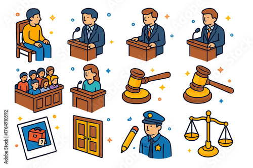 Isometric Courtroom Icons. Criminal trial scene. Colorful isometric vector icons set of Criminal trial scene: defendant in chair, defense attorney, prosecutor,