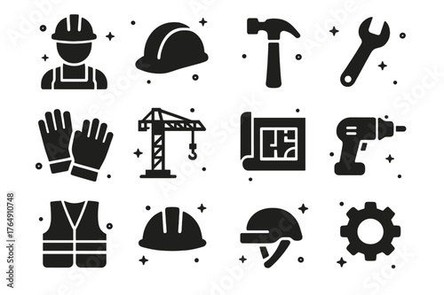 Industrial Icons Grid. Industrial Workforce. Solid icons set of Industrial Workforce: construction worker, hard hat, hammer, wrench, gloves, toolbox, crane,