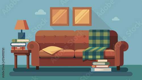 A cozy living room with a worn leather couch a plaid throw blanket and a stack of old books on the coffee table