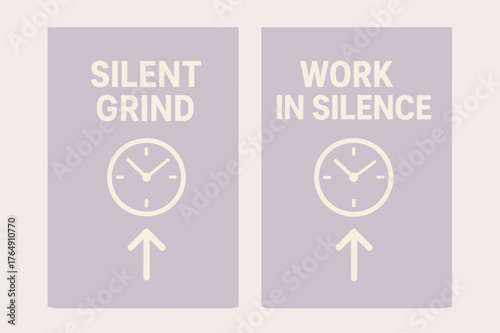 Silent Grind Banners. Silent grind. Two vertical A6 banners with safe margins, centered composition, no elements touching edges, minimal, lavender and cream,
