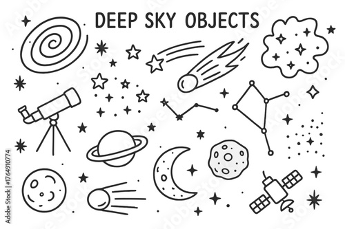 Celestial Doodle Icons. Deep sky objects. Hand-drawn doodle illustration deep sky objects galaxy spiral, nebula cloud, star cluster, telescope, shooting star,