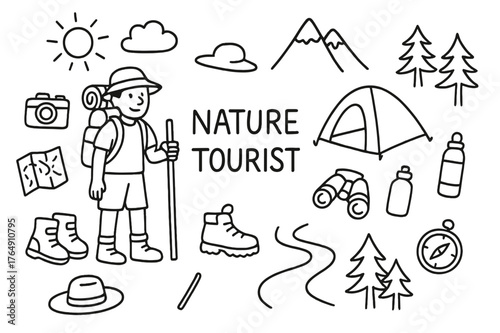 Nature Trek Essentials. Nature Tourist. Hand-drawn doodle illustration Nature Tourist backpack, camera, map, hiking boots, tent, water bottle, binoculars,