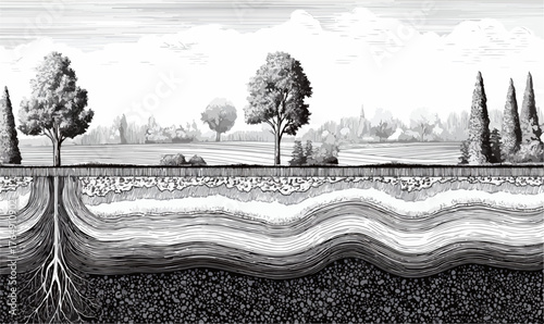 흑백으로 표현된 풍경 속 나무와 땅의 단면을 보여주는 벡터 일러스트레이션은 자연의 아름다움을 담아냅니다.