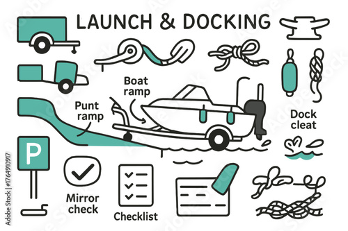 Launch & Docking Essentials. // Launch & docking. Hand-drawn doodle illustration Launch & docking [trailer (accented), boat ramp (accented), winch strap, bow