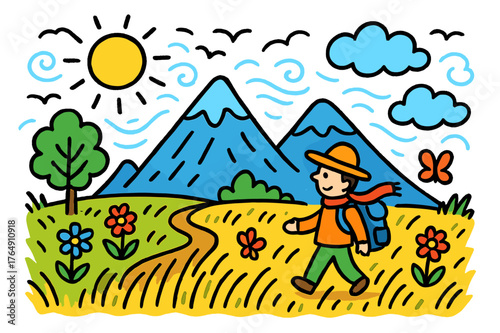 Joyful Mountain Landscape. mountain field. Colorful Hand-drawn doodle Children illustration mountain field person, tall grass, wind, distant mountain, clouds,
