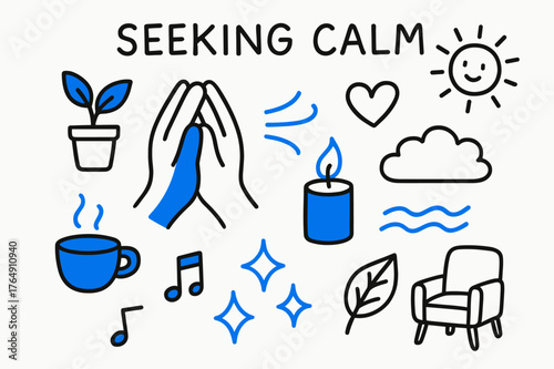 Calmness Icons Illustration. // Seeking calm. Hand-drawn doodle illustration Seeking calm [hands clasped (accented), deep breath lines (accented), plant,
