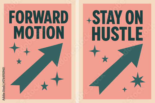 Retro Forward Motion. Forward motion. Two vertical A6 banners with safe margins, centered composition, no elements touching edges, retro, pink and teal,