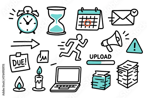 Deadline Doodle Chaos. // Deadline crunch. Hand-drawn doodle illustration Deadline crunch [alarm clock (accented), hourglass (accented), calendar with red