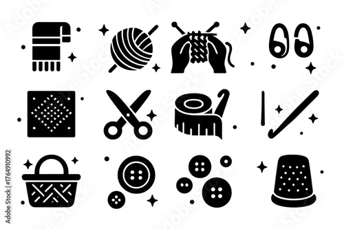 Winter Knitting Icons. Winter Knitting. Solid icons set of Winter Knitting: scarf, yarn ball, knitting needles, hands, stitch markers, pattern chart, scissors,