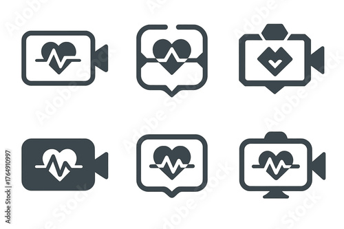 Telemedicine Logo Designs. Telemedicine app interface. Set Logo of Telemedicine app interface: a video call icon with a heart pulse overlay. harmonious logo