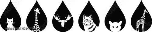 Black teardrop silhouettes with cat, giraffe, moose, wolf, and fox animal icons, minimalist wildlife illustration design for modern decor