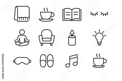 Relaxation Icon Set. Relaxation. Line icon set of Relaxation: soft blanket, tea cup, open book, closed eyes, meditation pose, cozy chair, gentle candle, soft
