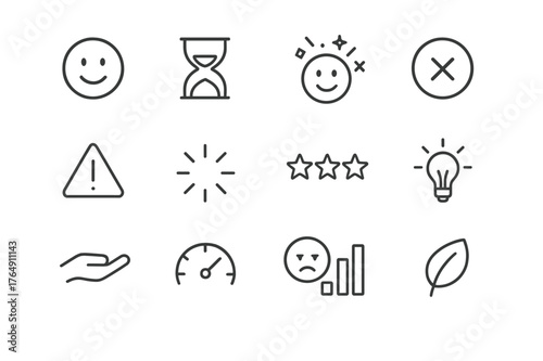 User Emotions Icons. User Emotions in UX. Line icon set of User Emotions in UX: onboarding smile, wait time hourglass, success confetti, failure cross, warning