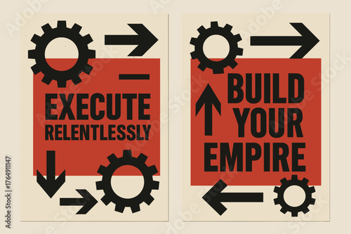 Brutalist Banner Design. Execute relentlessly. Two vertical A6 banners with safe margins, centered composition, no elements touching edges, brutalist, black