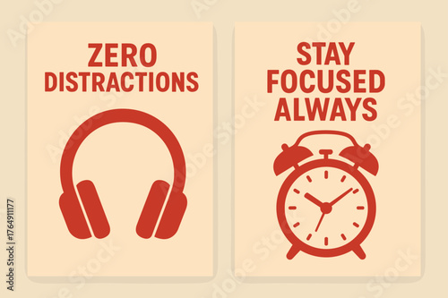 Zero Distractions Banners. Zero distractions. Two vertical A6 banners with safe margins, centered composition, no elements touching edges, flat vector design,