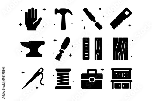 Skilled Tools Icons. Skilled Work. Solid icons set of Skilled Work: artisan hand, hammer, chisel, saw, anvil, paintbrush, ruler, wood plank, sewing needle,