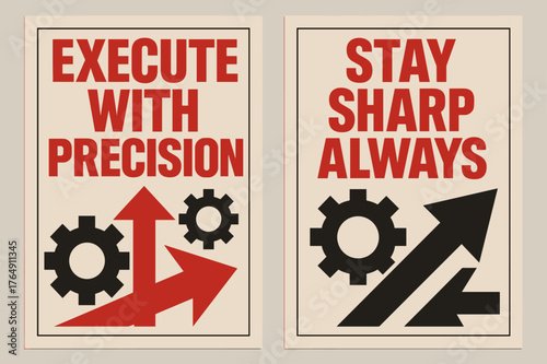 Brutalist Precision Banners. Execute with precision. Two vertical A6 banners with safe margins, centered composition, no elements touching edges, brutalist,