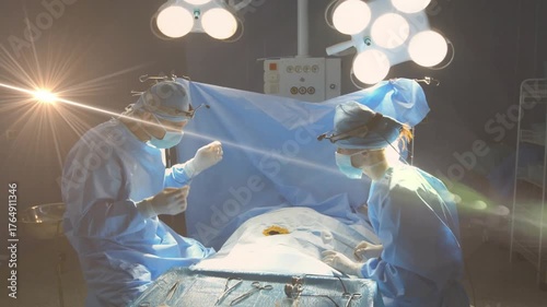 Surgeons confirming panel marking incision cutting numbing suturing completing surgery amid glare