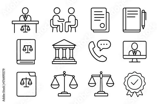 Legal Icons Grid. Legal Consultation. Line icon set of Legal Consultation: lawyer desk, client conversation, contract, notepad, pen, law book, courthouse icon,