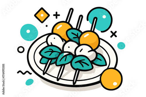 Modern Caprese Skewers. Caprese Skewers. Close-up of plated caprese skewers with floating abstract geometric shapes and soft glowing accents, fresh and